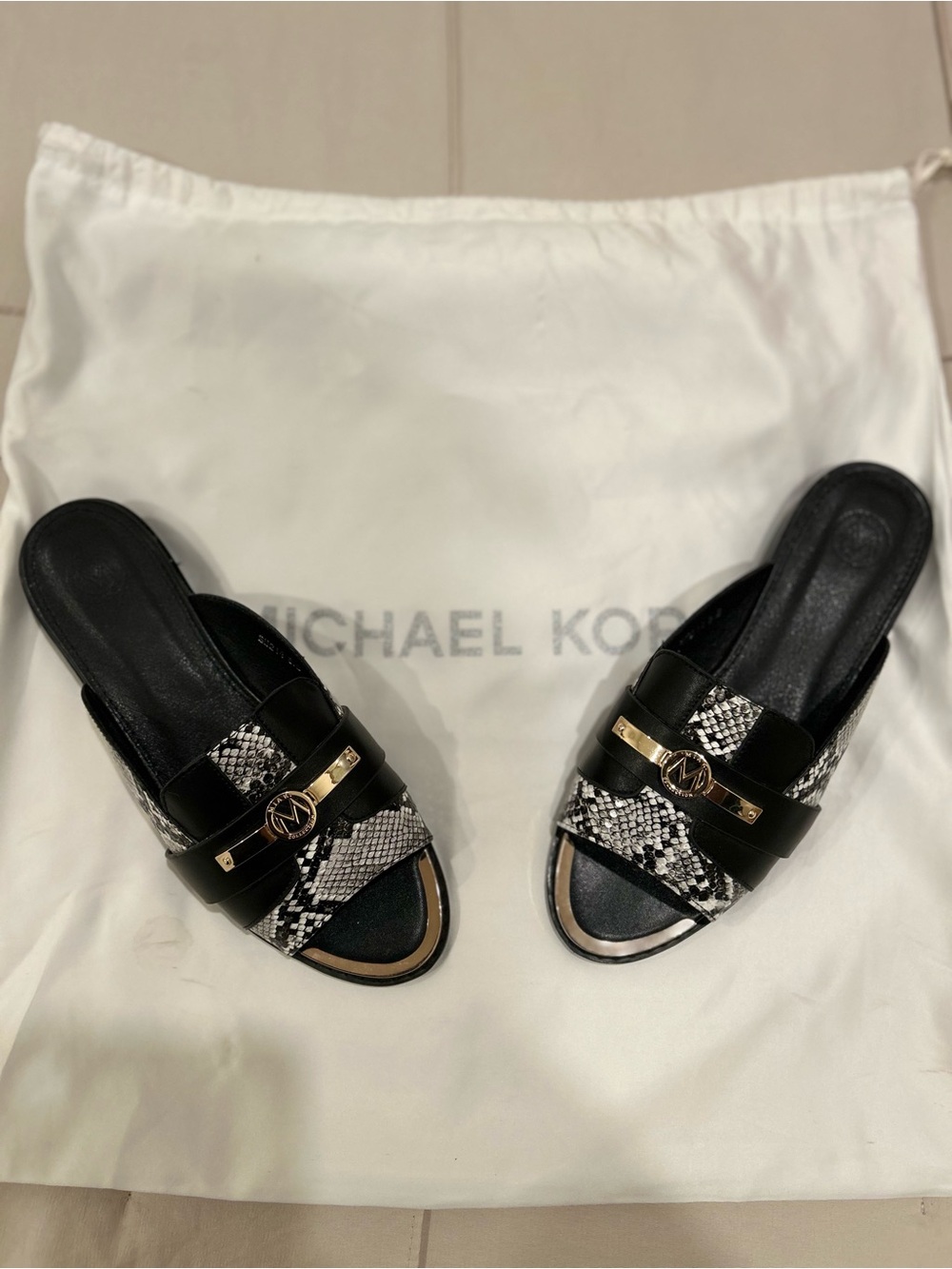Michael Kors Black and Snakeskin Slide Sandals with Gold Hardware